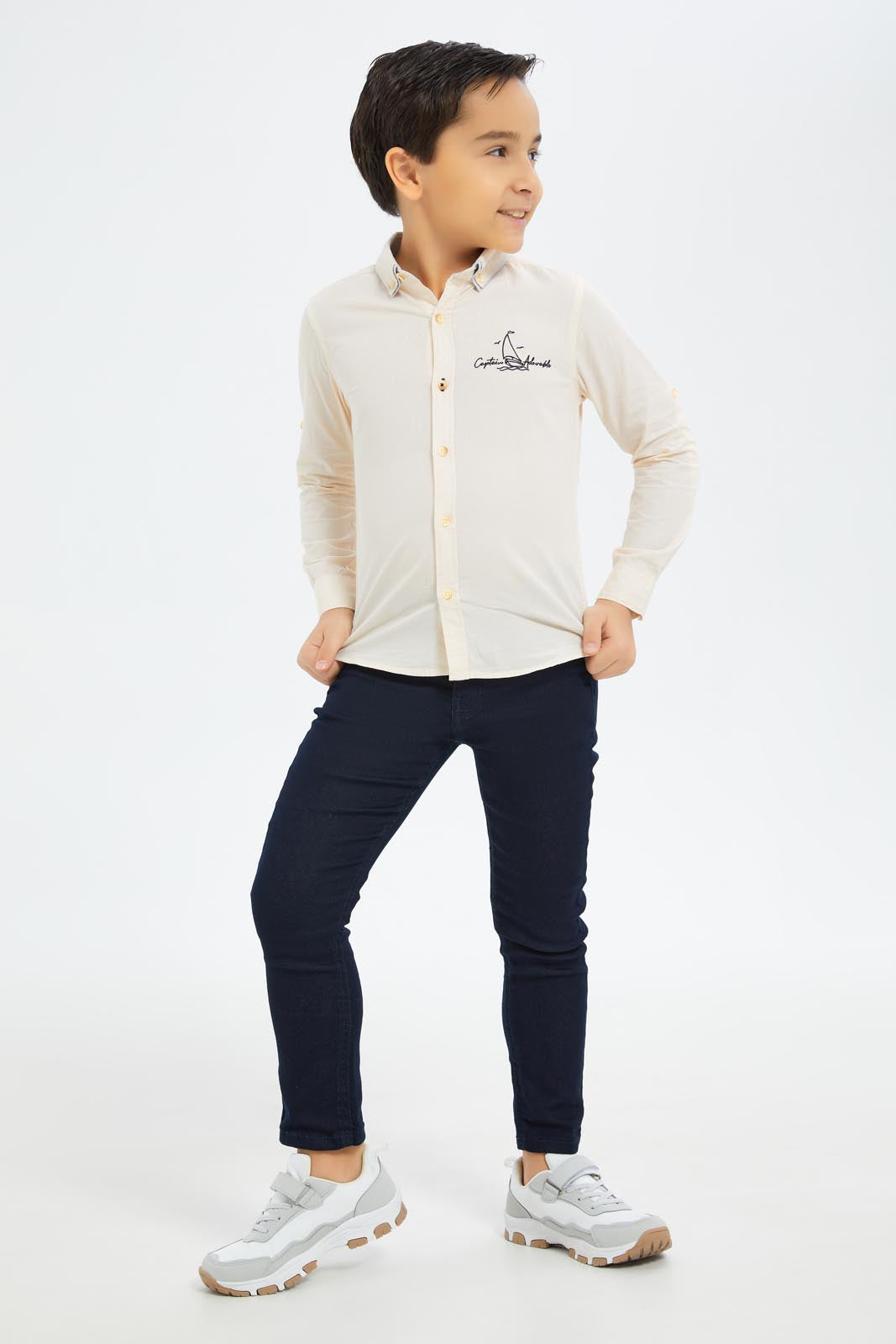 Redtag-Boys-Beige-Stripe-Double-Collar-Shirt-BOY-Shirts,-Category:Shirts,-Colour:Beige,-Deals:New-In,-Dept:Boys,-Filter:Boys-(2-to-8-Yrs),-New-In-BOY-APL,-Non-Sale,-S23B,-Section:Boys-(0-to-14Yrs)-Boys-2 to 8 Years