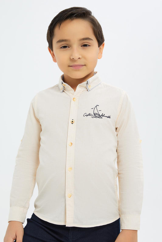 Redtag-Boys-Beige-Stripe-Double-Collar-Shirt-BOY-Shirts,-Category:Shirts,-Colour:Beige,-Deals:New-In,-Dept:Boys,-Filter:Boys-(2-to-8-Yrs),-New-In-BOY-APL,-Non-Sale,-S23B,-Section:Boys-(0-to-14Yrs)-Boys-2 to 8 Years