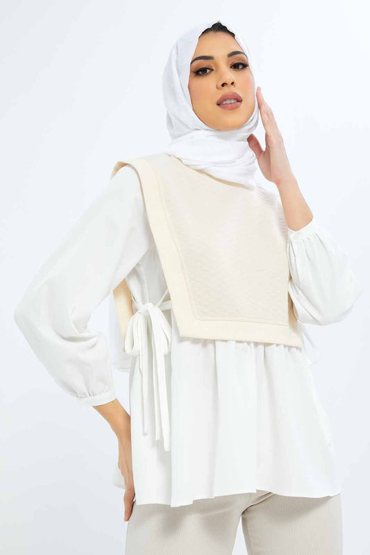 Redtag-Women-Jacquard-Side-Knotted-Stylised-Top-Category:Blouses,-Colour:White,-Deals:New-In,-Dept:Ladieswear,-Filter:Women's-Clothing,-LMC,-New-In-Women-APL,-Non-Sale,-S23B,-Section:Women,-Women-Blouses--