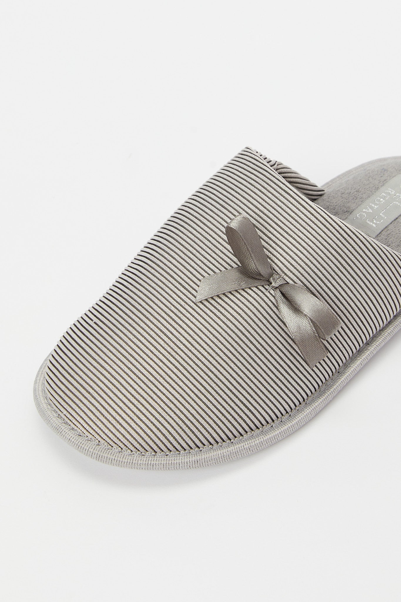 Redtag-Grey-Lurex-Stripe-Slipper-With-Bow-Trim-Category:Shoes,-Colour:Grey,-Deals:New-In,-Filter:Women's-Footwear,-H1:FOO,-H2:LAD,-H3:SLI,-H4:SLI,-N/A,-New-In-Women-FOO,-Non-Sale,-S23B,-Season:S23B,-Section:Women,-Women-Slippers-Women's-