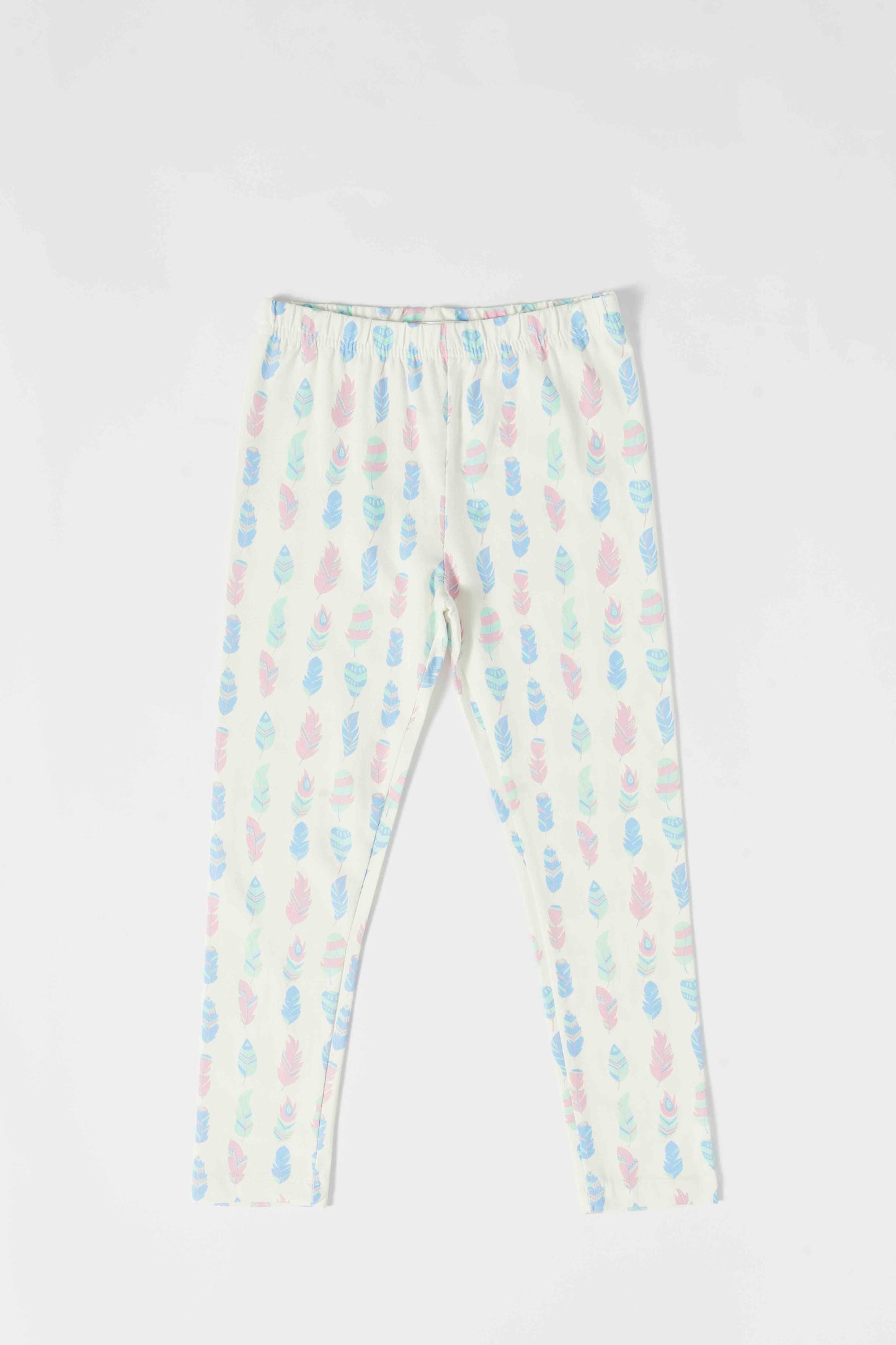 Redtag-Girls-Cream-All-Over-Print-Feather-Print-Leggings-Category:Leggings,-Colour:Cream,-Deals:New-In,-Dept:Girls,-Filter:Girls-(2-to-8-Yrs),-GIR-Leggings,-New-In-GIR-APL,-Non-Sale,-S23B,-Section:Girls-(0-to-14Yrs),-TBL-Girls-2 to 8 Years