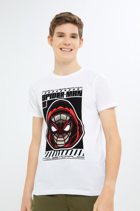 Redtag-Boys-White-Spiderman-Tee-BSR-T-Shirts,-Category:T-Shirts,-CHA,-Colour:White,-Deals:New-In,-Dept:Boys,-Filter:Senior-Boys-(8-to-14-Yrs),-H1:KWR,-H2:BSR,-H3:TSH,-H4:TSH,-New-In-BSR-APL,-Non-Sale,-S23C,-Season:S23C,-Section:Boys-(0-to-14Yrs),-TBL-Senior-Boys-9 to 14 Years