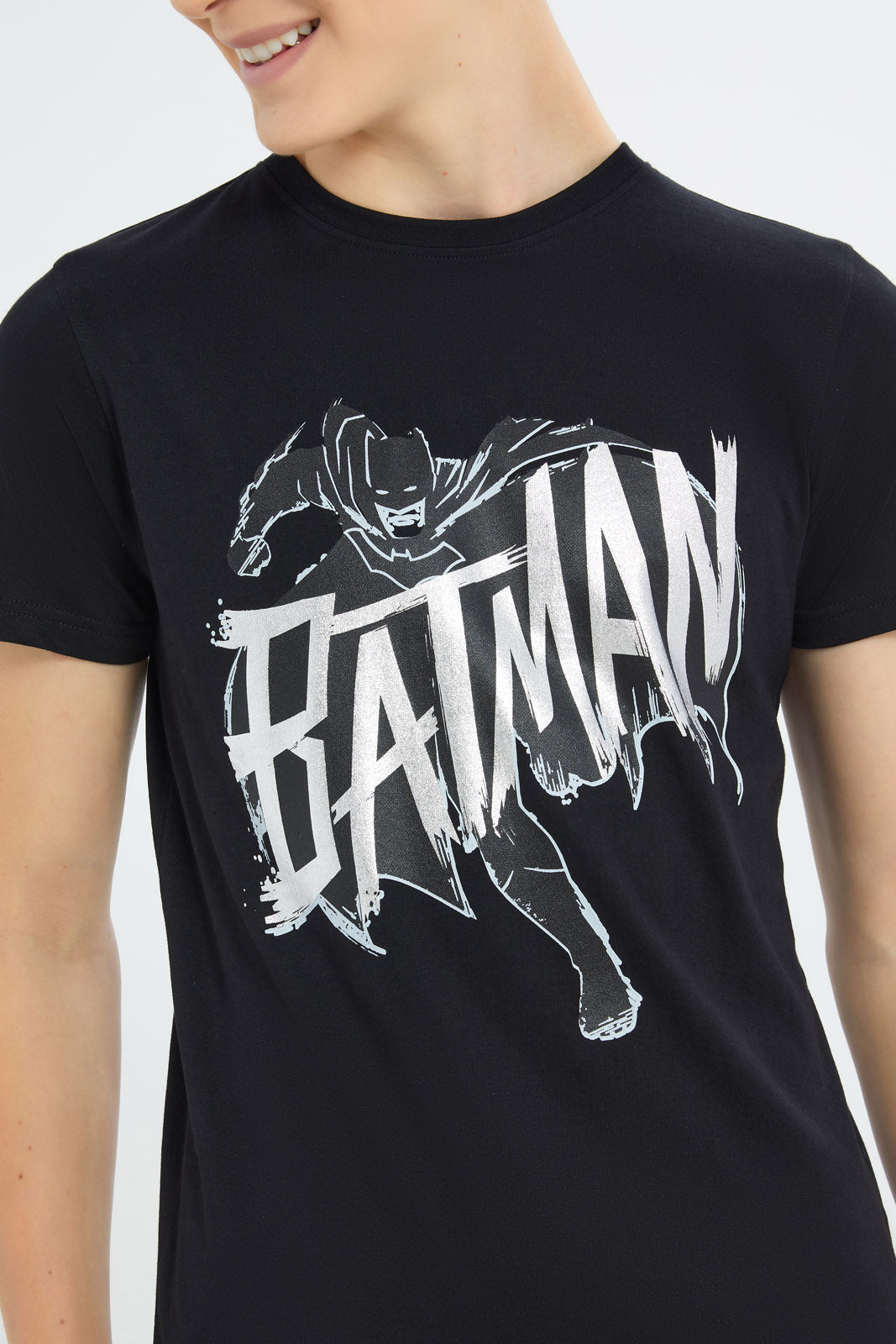 Redtag-Boys-Black-Batman-Tee-BSR-T-Shirts,-Category:T-Shirts,-CHA,-Colour:Black,-Deals:New-In,-Dept:Boys,-Filter:Senior-Boys-(8-to-14-Yrs),-H1:KWR,-H2:BSR,-H3:TSH,-H4:TSH,-New-In-BSR-APL,-Non-Sale,-S23C,-Season:S23C,-Section:Boys-(0-to-14Yrs),-TBL-Senior-Boys-9 to 14 Years