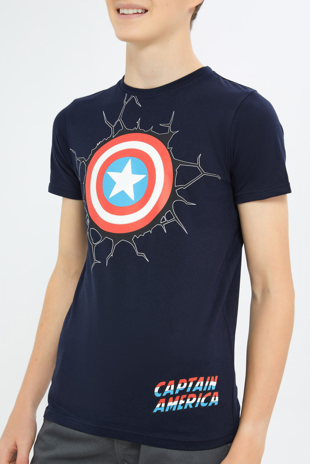 Redtag-Boys-Navy-Captain-America-Tee-BSR-T-Shirts,-Category:T-Shirts,-CHA,-Colour:Navy,-Deals:New-In,-Dept:Boys,-Filter:Senior-Boys-(8-to-14-Yrs),-H1:KWR,-H2:BSR,-H3:TSH,-H4:TSH,-New-In-BSR-APL,-Non-Sale,-S23C,-Season:S23C,-Section:Boys-(0-to-14Yrs),-TBL-Senior-Boys-9 to 14 Years
