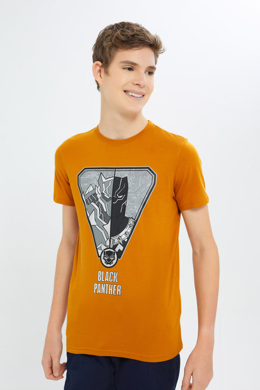 Redtag-Boys-Mustard-Black-Panther-Tee-BSR-T-Shirts,-Category:T-Shirts,-CHA,-Colour:Mustard,-Deals:New-In,-Dept:Boys,-Filter:Senior-Boys-(8-to-14-Yrs),-H1:KWR,-H2:BSR,-H3:TSH,-H4:TSH,-New-In-BSR-APL,-Non-Sale,-S23C,-Season:S23C,-Section:Boys-(0-to-14Yrs),-TBL-Senior-Boys-9 to 14 Years