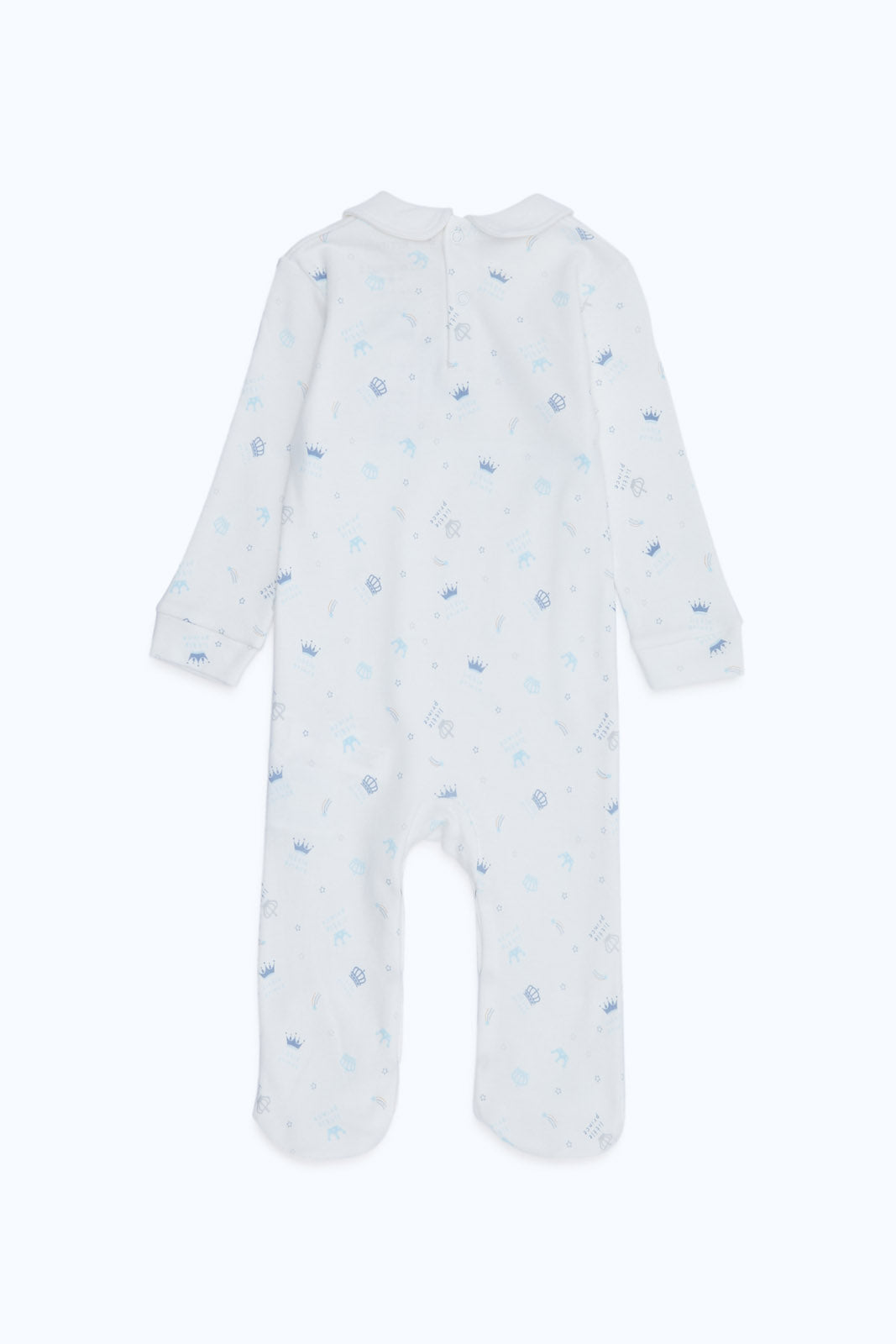 Redtag-White-Prince-Aop-Blue-Crown-Sleepsuit-Boy-Category:Sleepsuits,-Colour:Ecru,-Deals:New-In,-Dept:New-Born,-Filter:Baby-(0-to-12-Mths),-H1:KWR,-H2:NBF,-H3:NWR,-H4:SST,-NBF-Sleepsuits,-New-In-NBF-APL,-Non-Sale,-RMD,-S23C,-Season:S23C,-Section:Boys-(0-to-14Yrs)-Baby-0 to 12 Months