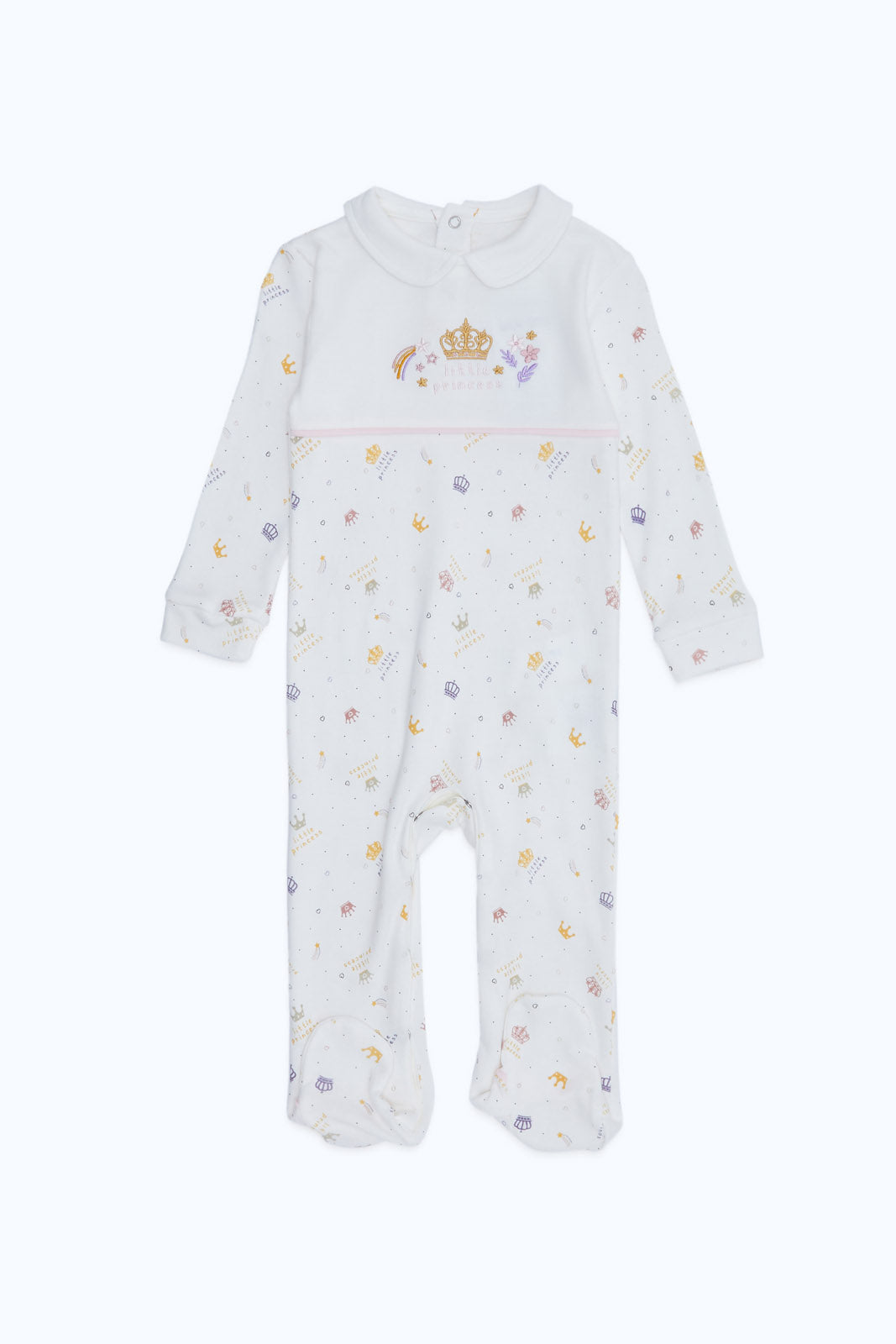 Redtag-White-Princess-Aop-Pink-Crown-Sleepsuit-Girl-Category:Sleepsuits,-Colour:Charcoal,-Deals:New-In,-Dept:New-Born,-Filter:Baby-(0-to-12-Mths),-H1:KWR,-H2:NBF,-H3:NWR,-H4:SST,-NBF-Sleepsuits,-New-In-NBF-APL,-Non-Sale,-RMD,-S23C,-Season:S23C,-Section:Boys-(0-to-14Yrs)-Baby-0 to 12 Months