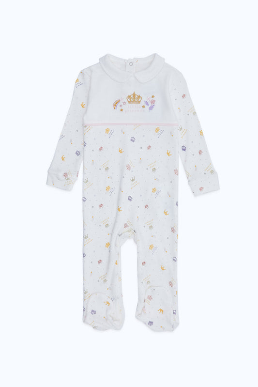 Redtag-White-Princess-Aop-Pink-Crown-Sleepsuit-Girl-Category:Sleepsuits,-Colour:Charcoal,-Deals:New-In,-Dept:New-Born,-Filter:Baby-(0-to-12-Mths),-H1:KWR,-H2:NBF,-H3:NWR,-H4:SST,-NBF-Sleepsuits,-New-In-NBF-APL,-Non-Sale,-RMD,-S23C,-Season:S23C,-Section:Boys-(0-to-14Yrs)-Baby-0 to 12 Months