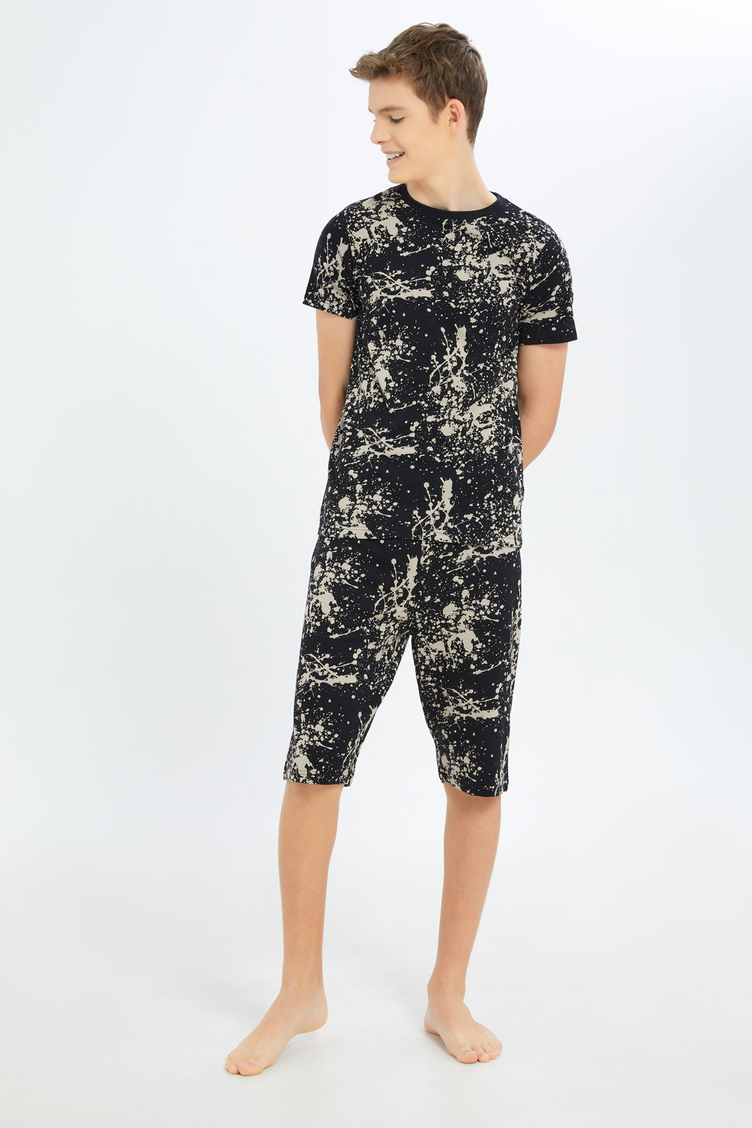 Redtag-Boys-Black-Splatter-Nightsuit-BSR-Pyjama-Sets,-Category:Pyjama-Sets,-Colour:Black,-Deals:New-In,-Dept:Boys,-Filter:Senior-Boys-(8-to-14-Yrs),-New-In-BSR-APL,-Non-Sale,-S23B,-Section:Boys-(0-to-14Yrs)-Senior-Boys-9 to 14 Years