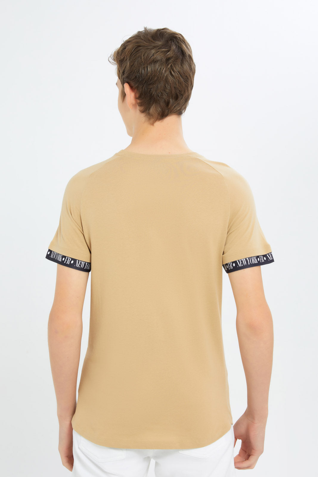 Redtag-Boys-Beige-Tape-On-Sleeve-Cuff-Tee-BSR-T-Shirts,-Category:T-Shirts,-Colour:Beige,-Deals:New-In,-Dept:Boys,-Filter:Senior-Boys-(8-to-14-Yrs),-H1:KWR,-H2:BSR,-H3:TSH,-H4:TSH,-New-In-BSR-APL,-Non-Sale,-S23C,-Season:S23C,-Section:Boys-(0-to-14Yrs)-Senior-Boys-9 to 14 Years