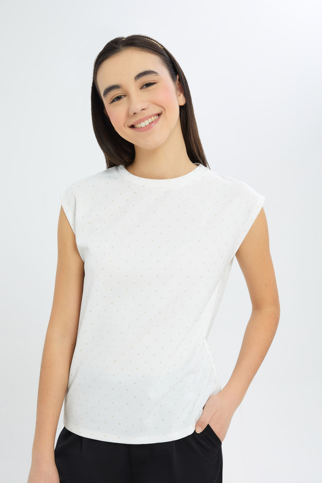 Redtag-Girls-White/Gold-Foil-Extended-Sleeve-Top-Category:T-Shirts,-Colour:White,-Deals:New-In,-Dept:Girls,-Filter:Senior-Girls-(8-to-14-Yrs),-GSR-T-Shirts,-H1:KWR,-H2:GSR,-H3:TSH,-H4:CAT,-New-In-GSR-APL,-Non-Sale,-S23C,-Season:S23C,-Section:Girls-(0-to-14Yrs),-TBL-Senior-Girls-9 to 14 Years
