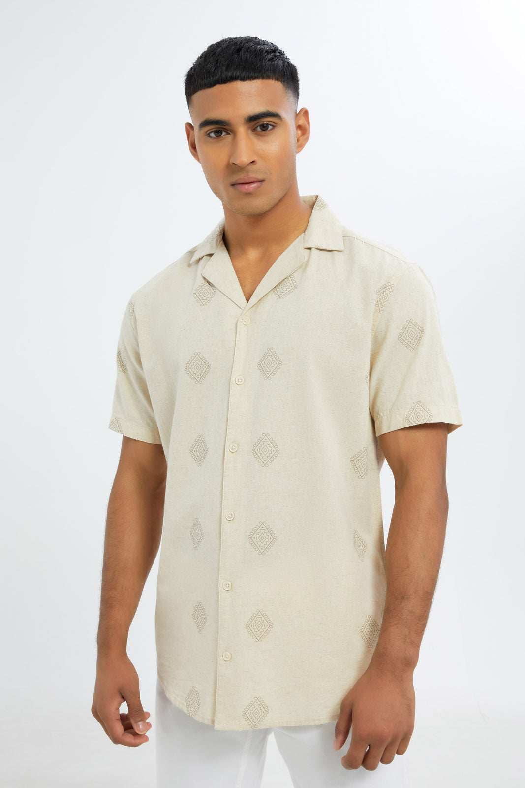 Redtag-Men-Beige-Printed-Cuban-Collar-Shirt-Category:Shirts,-Colour:Beige,-Deals:New-In,-Dept:Menswear,-Filter:Men's-Clothing,-H1:MWR,-H2:GEN,-H3:SHI,-H4:CSH,-Men-Shirts,-New-In-Men-APL,-Non-Sale,-RMD,-S23C,-Season:S23C,-Section:Men-Men's-