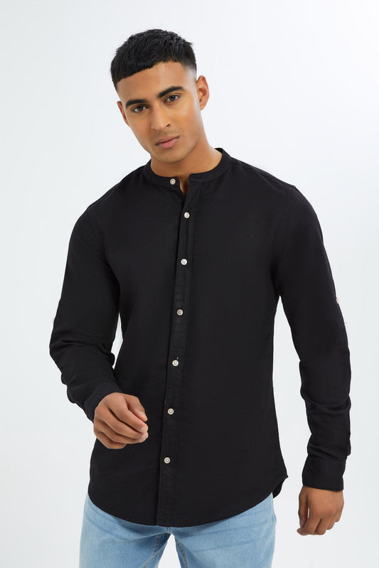 Redtag-Men-Black-Mandarin-Collar-Full-Button-Shirt-Category:Shirts,-Colour:Black,-Deals:New-In,-Dept:Menswear,-Filter:Men's-Clothing,-H1:MWR,-H2:GEN,-H3:SHI,-H4:CSH,-Men-Shirts,-New-In-Men-APL,-Non-Sale,-RMD,-S23C,-Season:S23C,-Section:Men-Men's-