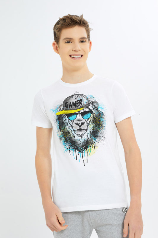 Redtag-Boys-White-Lion-Face-Tee-BSR-T-Shirts,-Category:T-Shirts,-Colour:White,-Deals:New-In,-Dept:Boys,-Filter:Senior-Boys-(8-to-14-Yrs),-H1:KWR,-H2:BSR,-H3:TSH,-H4:TSH,-New-In-BSR-APL,-Non-Sale,-S23C,-Season:S23C,-Section:Boys-(0-to-14Yrs)-Senior-Boys-9 to 14 Years