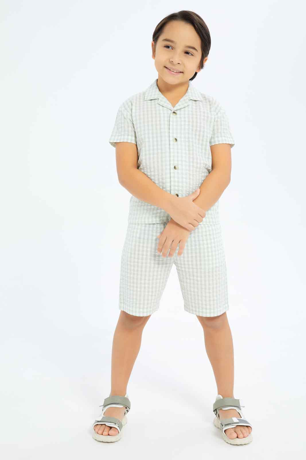 Redtag-Boys-Mint-Seersucker-Check-Shirt-And-Shorts-Set-BOY-Sets,-Category:Sets,-Colour:Mint,-Deals:New-In,-Dept:Boys,-Filter:Boys-(2-to-8-Yrs),-New-In-BOY-APL,-Non-Sale,-RMD,-S23C,-Section:Boys-(0-to-14Yrs)-Boys-2 to 8 Years