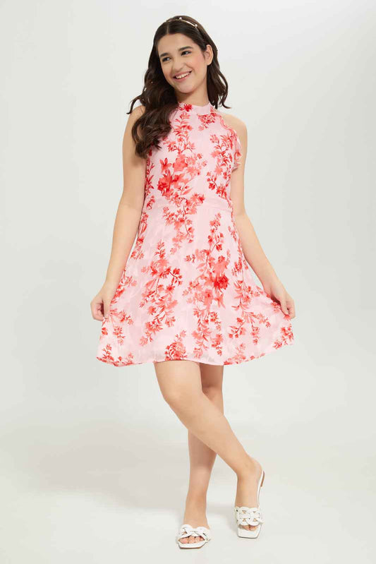 Redtag-Girls-Pink/Red-Floral-Dress-Category:Dresses,-Colour:Apricot,-Deals:New-In,-Dept:Girls,-Filter:Senior-Girls-(8-to-14-Yrs),-GSR-Dresses,-New-In-GSR-APL,-Non-Sale,-RMD,-S23C,-Section:Girls-(0-to-14Yrs)-Senior-Girls-9 to 14 Years