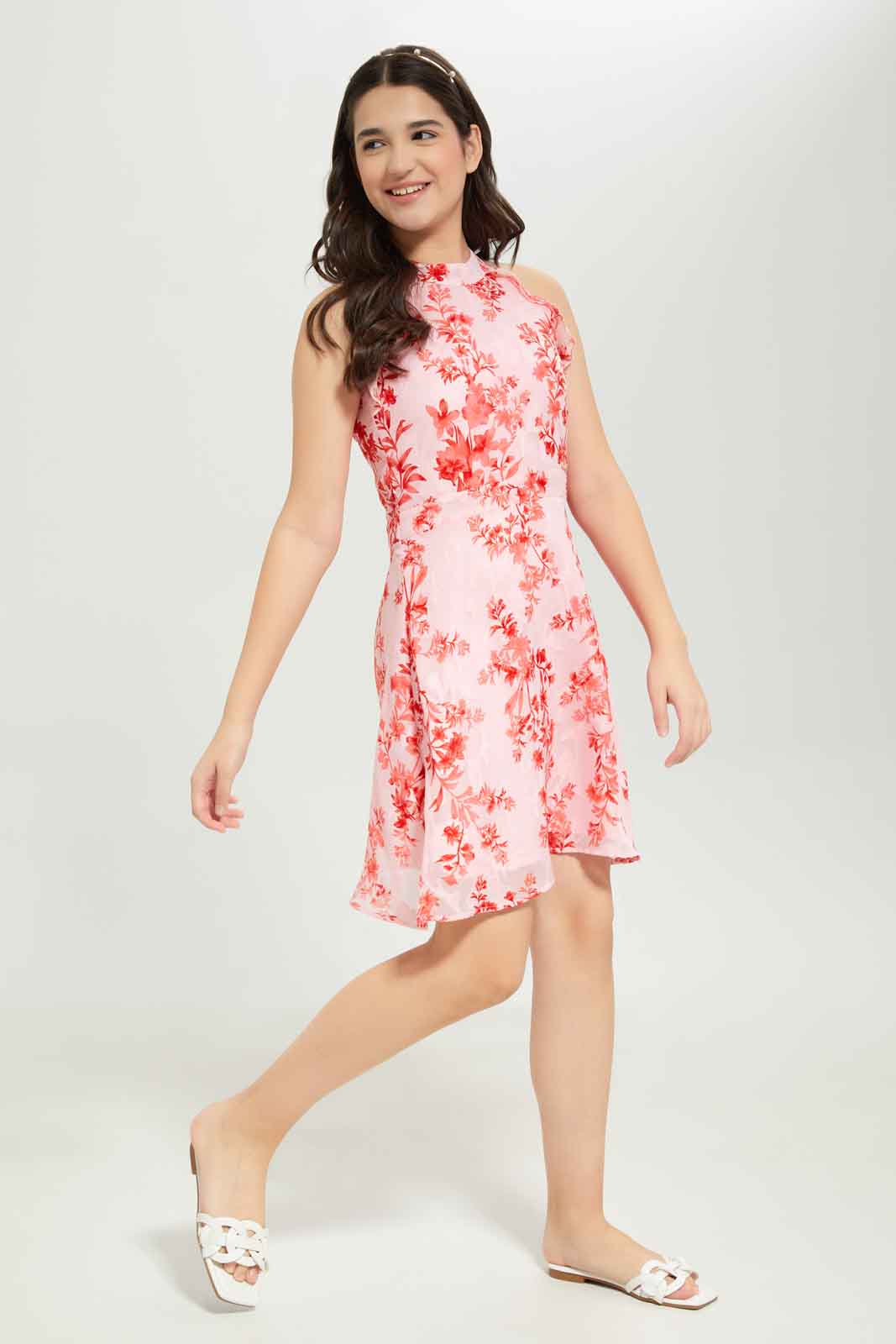Redtag-Girls-Pink/Red-Floral-Dress-Category:Dresses,-Colour:Apricot,-Deals:New-In,-Dept:Girls,-Filter:Senior-Girls-(8-to-14-Yrs),-GSR-Dresses,-New-In-GSR-APL,-Non-Sale,-RMD,-S23C,-Section:Girls-(0-to-14Yrs)-Senior-Girls-9 to 14 Years