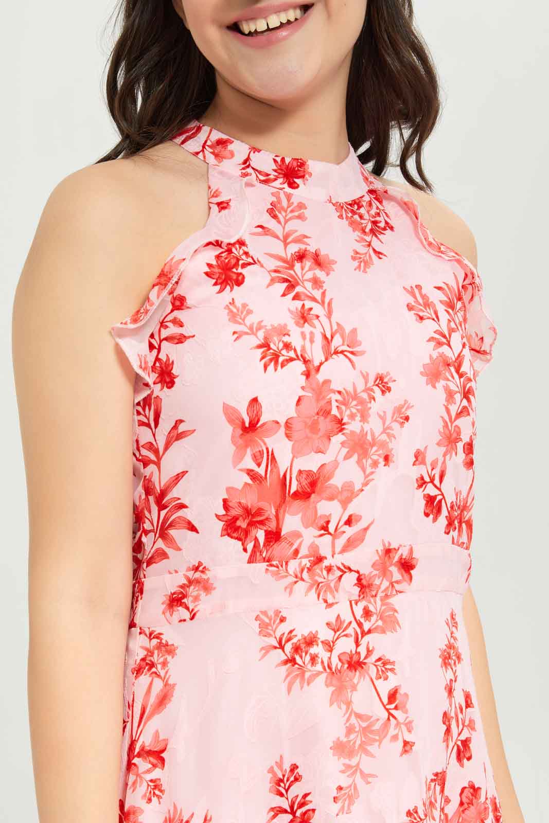 Redtag-Girls-Pink/Red-Floral-Dress-Category:Dresses,-Colour:Apricot,-Deals:New-In,-Dept:Girls,-Filter:Senior-Girls-(8-to-14-Yrs),-GSR-Dresses,-New-In-GSR-APL,-Non-Sale,-RMD,-S23C,-Section:Girls-(0-to-14Yrs)-Senior-Girls-9 to 14 Years