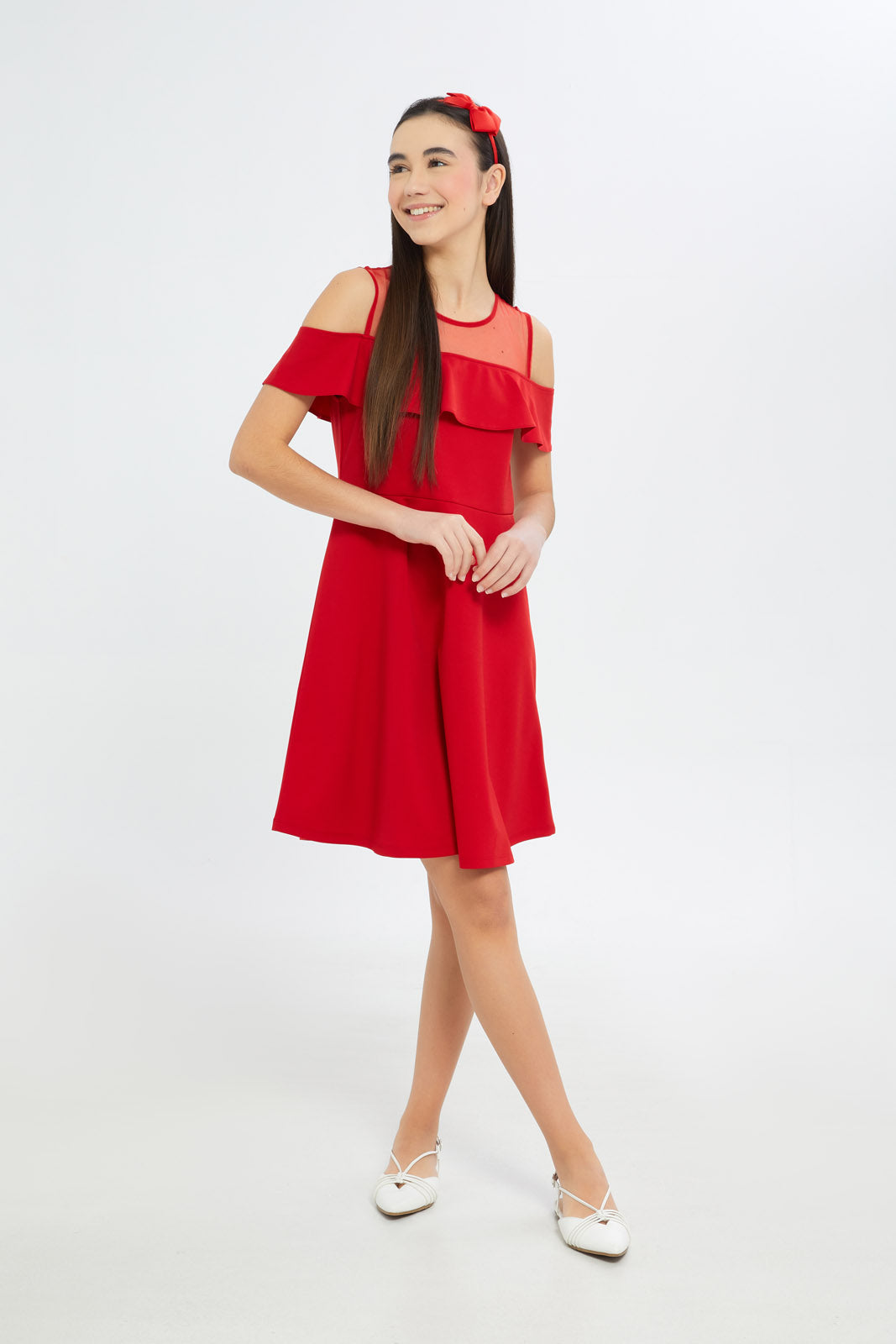 Redtag-Girls-Red-Cold-Shoulder-Skater-Dress-Category:Dresses,-Colour:Red,-Deals:New-In,-Dept:Girls,-Filter:Senior-Girls-(8-to-14-Yrs),-GSR-Dresses,-H1:KWR,-H2:GSR,-H3:DRS,-H4:CAD,-New-In-GSR-APL,-Non-Sale,-RMD,-S23C,-Season:S23C,-Section:Girls-(0-to-14Yrs)-Senior-Girls-9 to 14 Years