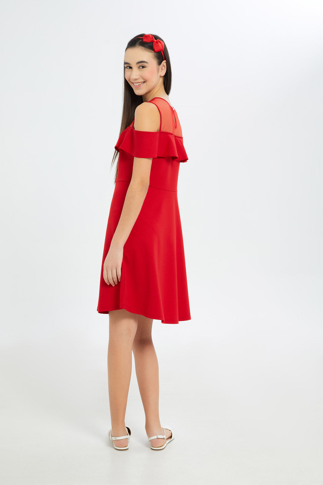 Redtag-Girls-Red-Cold-Shoulder-Skater-Dress-Category:Dresses,-Colour:Red,-Deals:New-In,-Dept:Girls,-Filter:Senior-Girls-(8-to-14-Yrs),-GSR-Dresses,-H1:KWR,-H2:GSR,-H3:DRS,-H4:CAD,-New-In-GSR-APL,-Non-Sale,-RMD,-S23C,-Season:S23C,-Section:Girls-(0-to-14Yrs)-Senior-Girls-9 to 14 Years