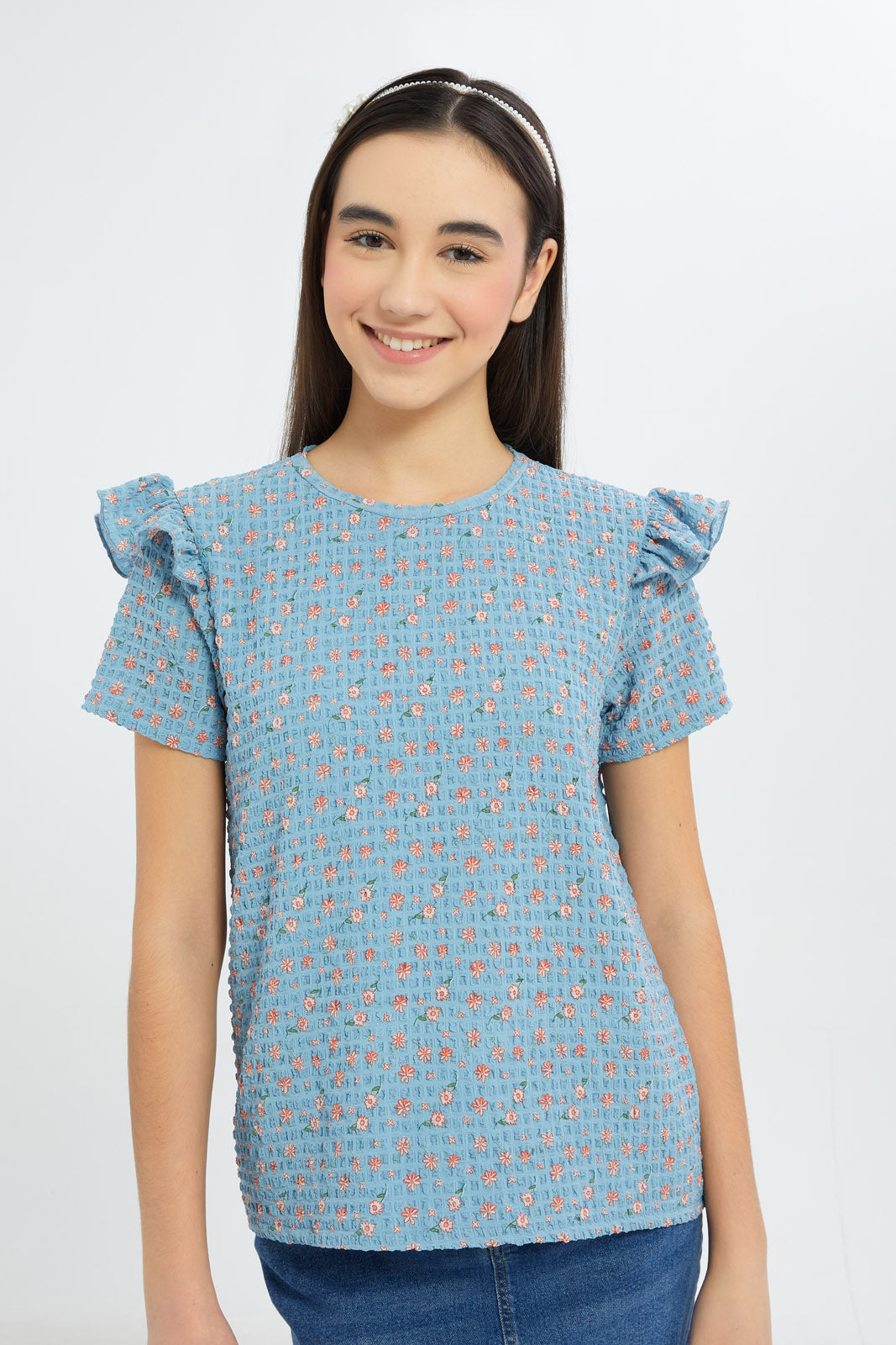Redtag-Girls-Aop-With-Ruffles-Jacquard-Top-Category:T-Shirts,-Colour:Blue,-Deals:New-In,-Dept:Girls,-Filter:Senior-Girls-(8-to-14-Yrs),-GSR-T-Shirts,-H1:KWR,-H2:GSR,-H3:TSH,-H4:CAT,-New-In-GSR-APL,-Non-Sale,-S23C,-Season:S23C,-Section:Girls-(0-to-14Yrs)-Senior-Girls-9 to 14 Years