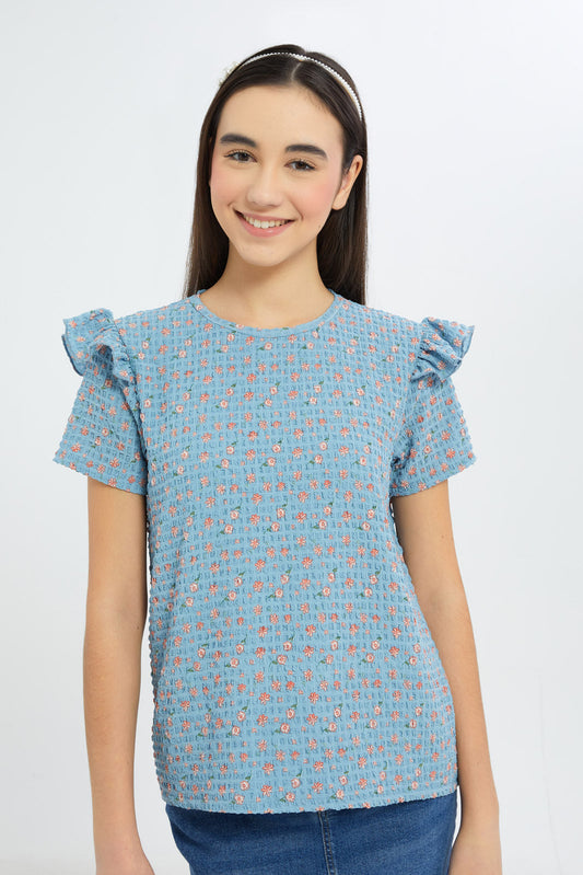 Redtag-Girls-Aop-With-Ruffles-Jacquard-Top-Category:T-Shirts,-Colour:Blue,-Deals:New-In,-Dept:Girls,-Filter:Senior-Girls-(8-to-14-Yrs),-GSR-T-Shirts,-H1:KWR,-H2:GSR,-H3:TSH,-H4:CAT,-New-In-GSR-APL,-Non-Sale,-S23C,-Season:S23C,-Section:Girls-(0-to-14Yrs)-Senior-Girls-9 to 14 Years