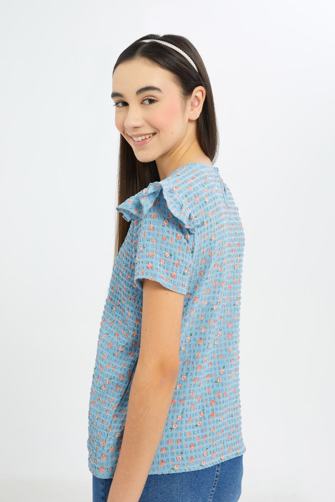 Redtag-Girls-Aop-With-Ruffles-Jacquard-Top-Category:T-Shirts,-Colour:Blue,-Deals:New-In,-Dept:Girls,-Filter:Senior-Girls-(8-to-14-Yrs),-GSR-T-Shirts,-H1:KWR,-H2:GSR,-H3:TSH,-H4:CAT,-New-In-GSR-APL,-Non-Sale,-S23C,-Season:S23C,-Section:Girls-(0-to-14Yrs)-Senior-Girls-9 to 14 Years