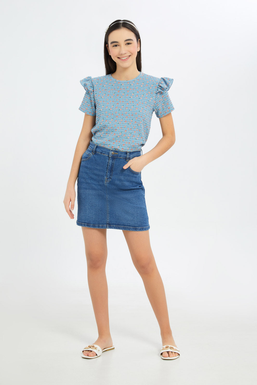 Redtag-Girls-Aop-With-Ruffles-Jacquard-Top-Category:T-Shirts,-Colour:Blue,-Deals:New-In,-Dept:Girls,-Filter:Senior-Girls-(8-to-14-Yrs),-GSR-T-Shirts,-H1:KWR,-H2:GSR,-H3:TSH,-H4:CAT,-New-In-GSR-APL,-Non-Sale,-S23C,-Season:S23C,-Section:Girls-(0-to-14Yrs)-Senior-Girls-9 to 14 Years
