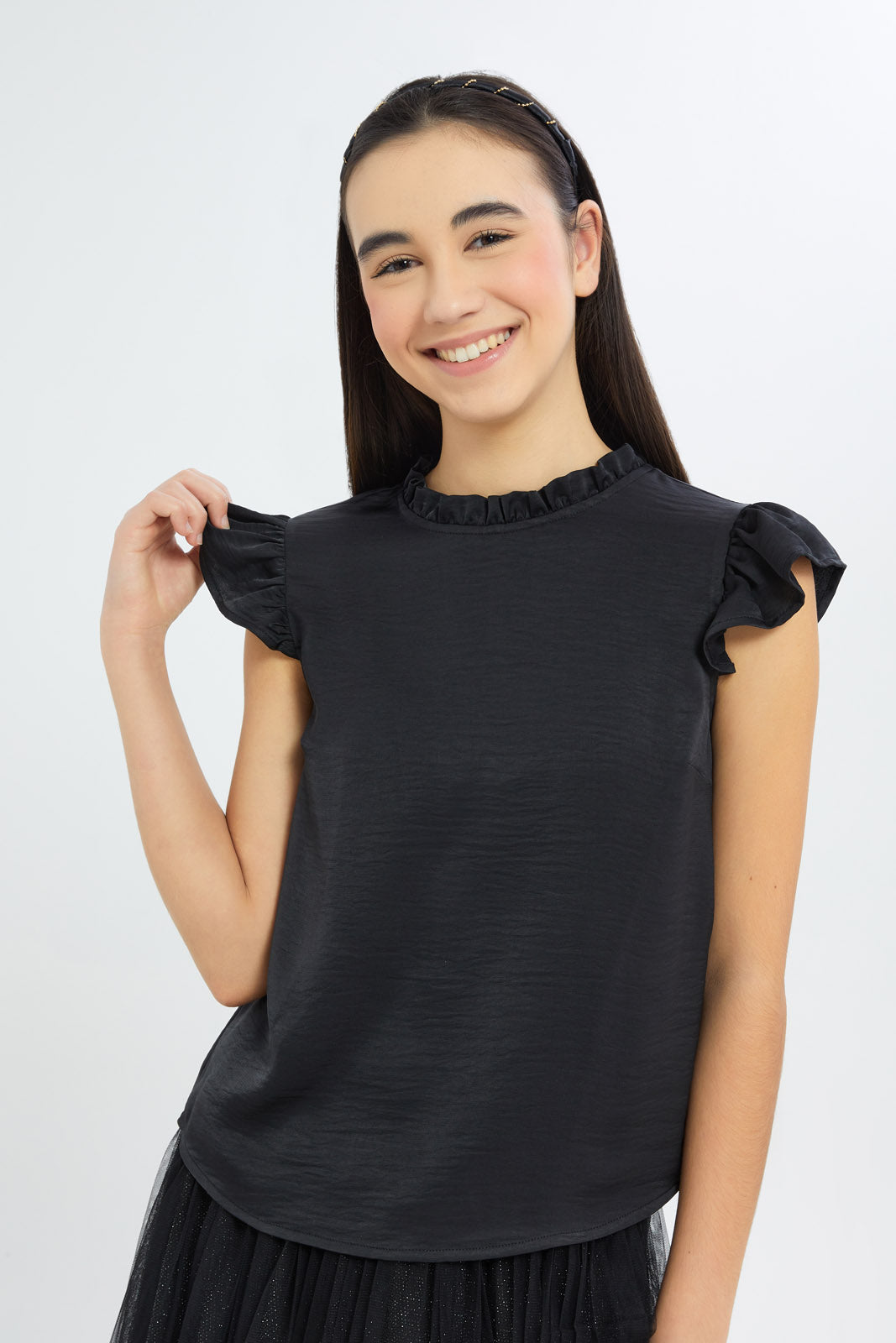Redtag-Girls-Black-Ruffled-Sateen-Blouse-Category:Blouses,-Colour:Black,-Deals:New-In,-Dept:Girls,-Filter:Senior-Girls-(8-to-14-Yrs),-GSR-Blouses,-H1:KWR,-H2:GSR,-H3:BLO,-H4:CBL,-New-In-GSR-APL,-Non-Sale,-RMD,-S23C,-Season:S23C,-Section:Girls-(0-to-14Yrs)-Senior-Girls-9 to 14 Years