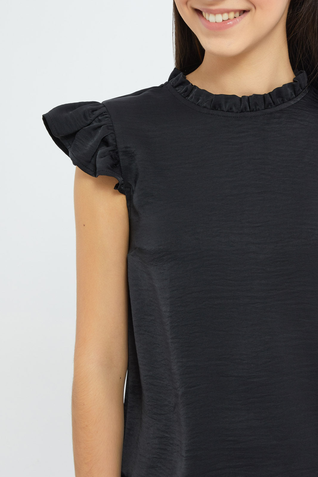 Redtag-Girls-Black-Ruffled-Sateen-Blouse-Category:Blouses,-Colour:Black,-Deals:New-In,-Dept:Girls,-Filter:Senior-Girls-(8-to-14-Yrs),-GSR-Blouses,-H1:KWR,-H2:GSR,-H3:BLO,-H4:CBL,-New-In-GSR-APL,-Non-Sale,-RMD,-S23C,-Season:S23C,-Section:Girls-(0-to-14Yrs)-Senior-Girls-9 to 14 Years