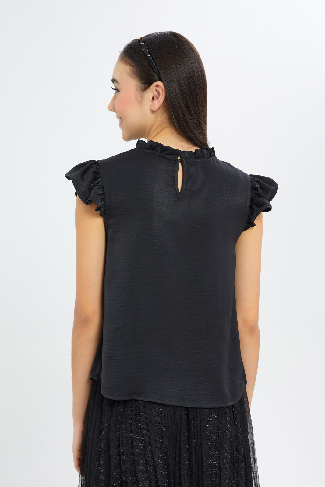 Redtag-Girls-Black-Ruffled-Sateen-Blouse-Category:Blouses,-Colour:Black,-Deals:New-In,-Dept:Girls,-Filter:Senior-Girls-(8-to-14-Yrs),-GSR-Blouses,-H1:KWR,-H2:GSR,-H3:BLO,-H4:CBL,-New-In-GSR-APL,-Non-Sale,-RMD,-S23C,-Season:S23C,-Section:Girls-(0-to-14Yrs)-Senior-Girls-9 to 14 Years