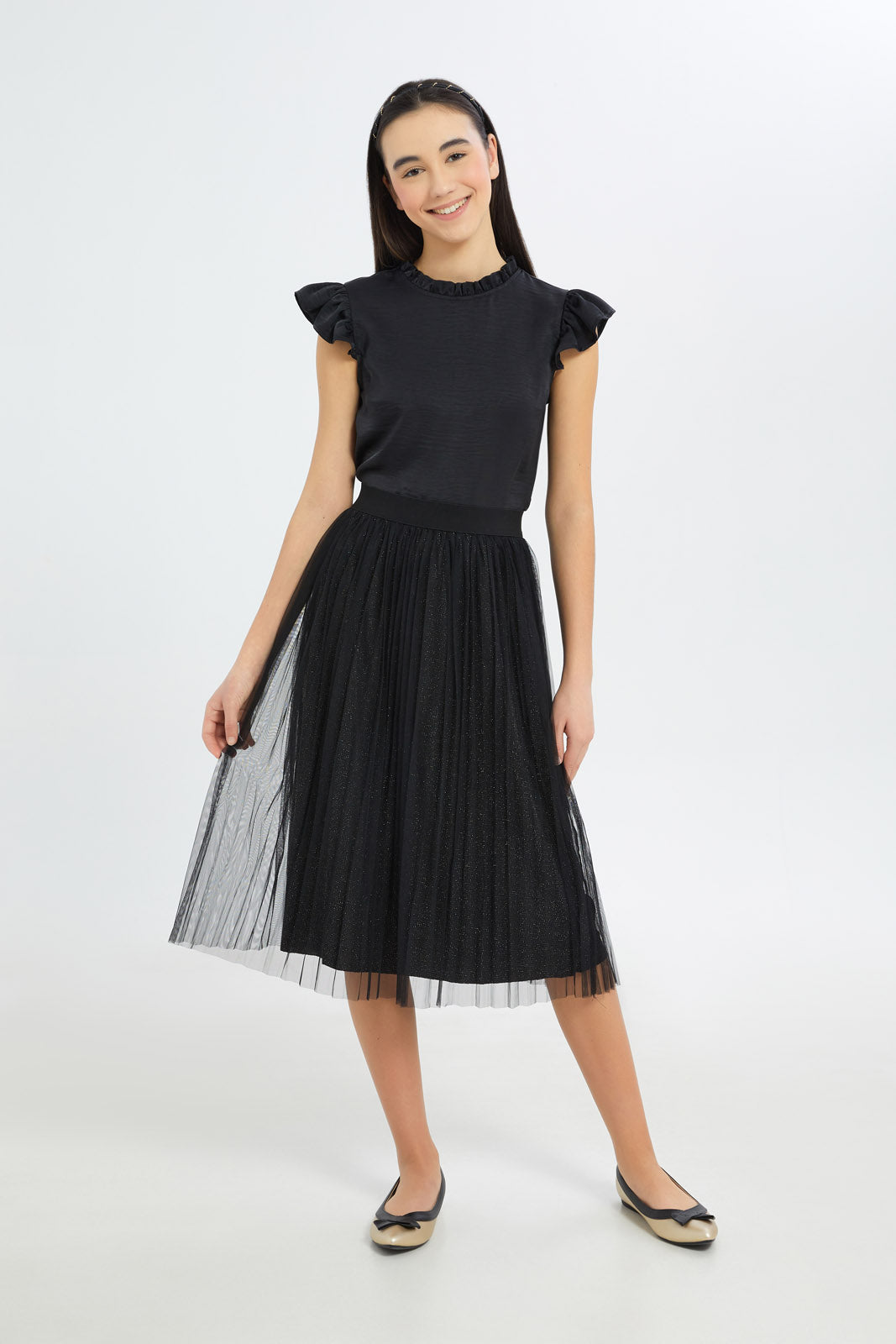 Redtag-Girls-Black-Ruffled-Sateen-Blouse-Category:Blouses,-Colour:Black,-Deals:New-In,-Dept:Girls,-Filter:Senior-Girls-(8-to-14-Yrs),-GSR-Blouses,-H1:KWR,-H2:GSR,-H3:BLO,-H4:CBL,-New-In-GSR-APL,-Non-Sale,-RMD,-S23C,-Season:S23C,-Section:Girls-(0-to-14Yrs)-Senior-Girls-9 to 14 Years