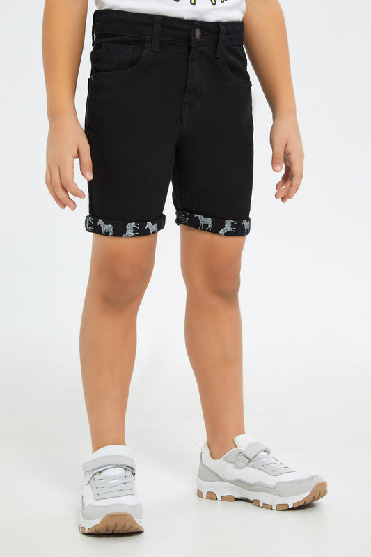 Redtag-Boys-Black-5-Pocket-Hem-Printed-Short-BOY-Shorts,-Category:Shorts,-Colour:Black,-Deals:New-In,-Dept:Boys,-Filter:Boys-(2-to-8-Yrs),-H1:KWR,-H2:BOY,-H3:DNB,-H4:SRT,-New-In-BOY-APL,-Non-Sale,-S23C,-Season:S23C,-Section:Boys-(0-to-14Yrs)-Boys-2 to 8 Years