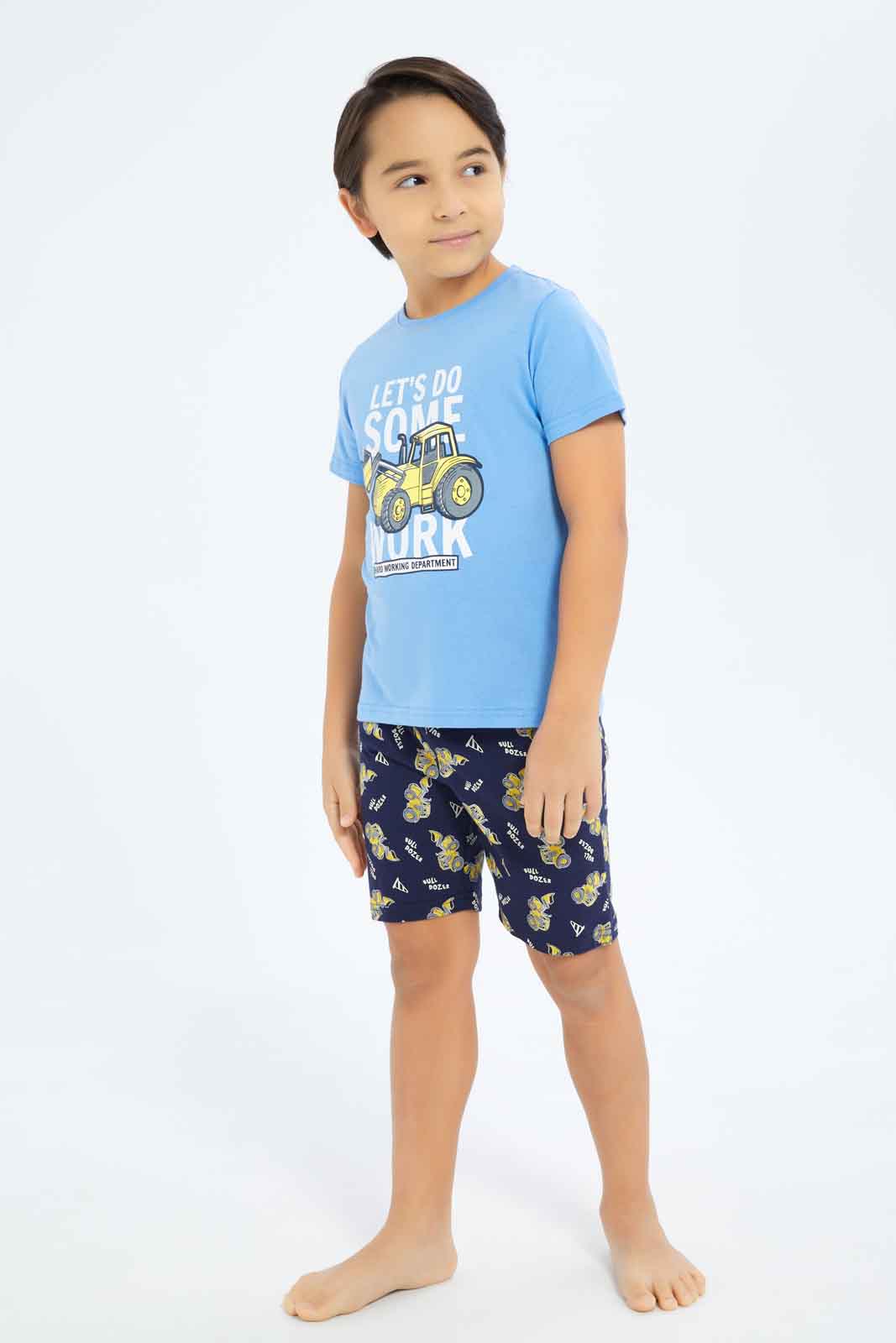 Redtag-Boys-Blue-Truck-Print-Short-Sleeve-Tee-And-Aop-Shorts-Pyjama-Set-BOY-Pyjama-Sets,-Category:Pyjama-Sets,-Colour:Blue,-Deals:New-In,-Dept:Boys,-Filter:Boys-(2-to-8-Yrs),-New-In-BOY-APL,-Non-Sale,-S23C,-Section:Boys-(0-to-14Yrs),-VLM-Boys-2 to 8 Years