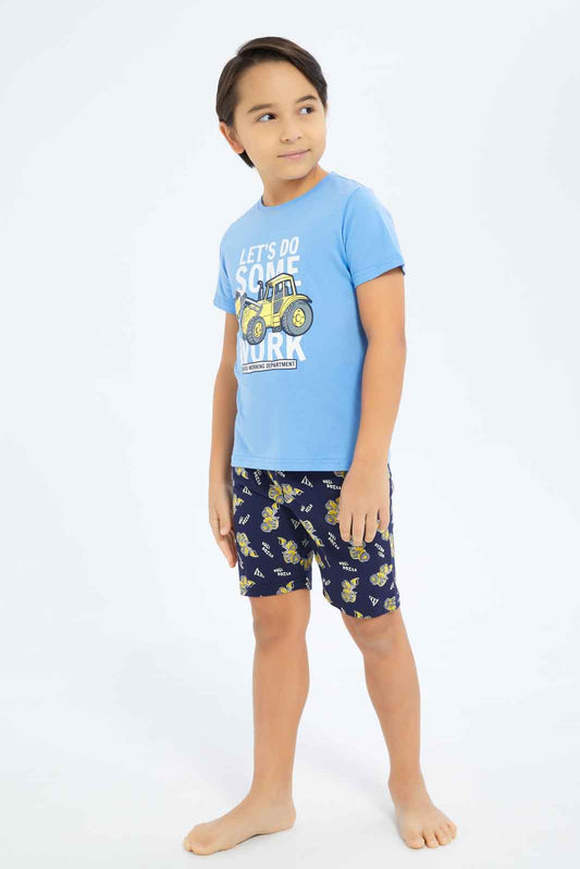 Redtag-Boys-Blue-Truck-Print-Short-Sleeve-Tee-And-Aop-Shorts-Pyjama-Set-BOY-Pyjama-Sets,-Category:Pyjama-Sets,-Colour:Blue,-Deals:New-In,-Dept:Boys,-Filter:Boys-(2-to-8-Yrs),-New-In-BOY-APL,-Non-Sale,-S23C,-Section:Boys-(0-to-14Yrs),-VLM-Boys-2 to 8 Years