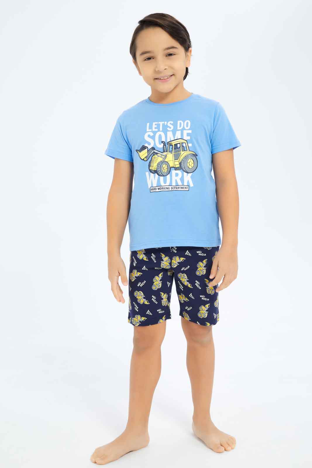 Redtag-Boys-Blue-Truck-Print-Short-Sleeve-Tee-And-Aop-Shorts-Pyjama-Set-BOY-Pyjama-Sets,-Category:Pyjama-Sets,-Colour:Blue,-Deals:New-In,-Dept:Boys,-Filter:Boys-(2-to-8-Yrs),-New-In-BOY-APL,-Non-Sale,-S23C,-Section:Boys-(0-to-14Yrs),-VLM-Boys-2 to 8 Years