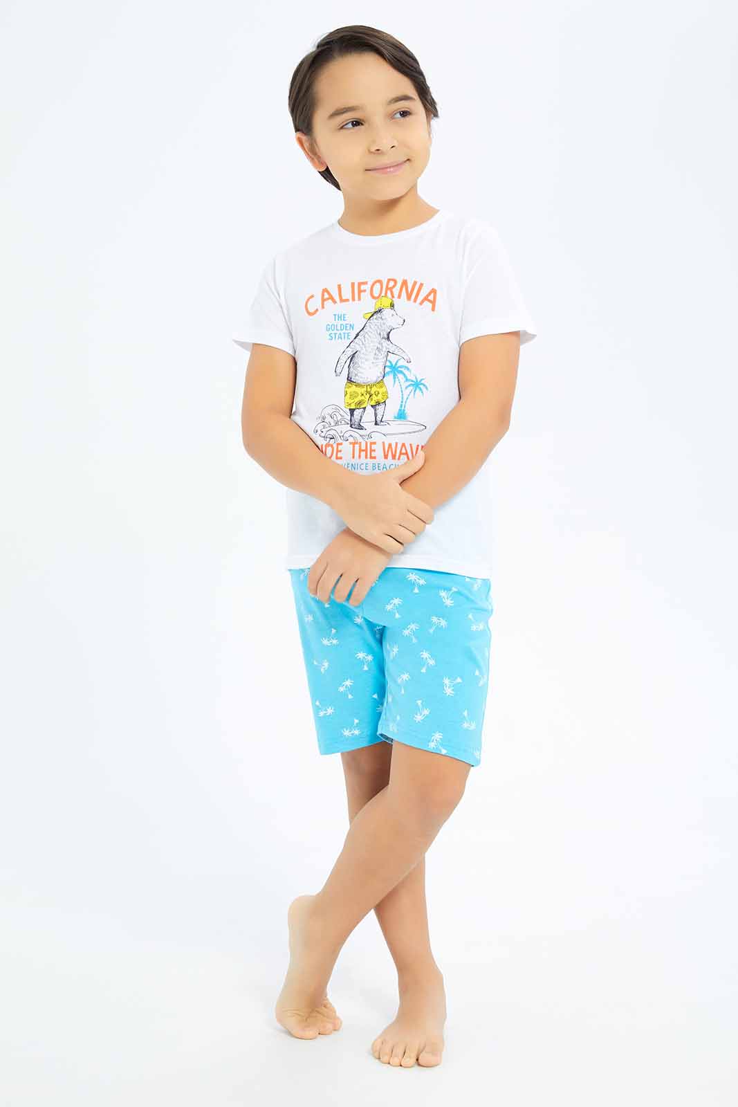Redtag-Boys-White-Bear-Print-Short-Sleeve-Tee-And-Aop-Shorts-Pyjama-Set-BOY-Pyjama-Sets,-Category:Pyjama-Sets,-Colour:White,-Deals:New-In,-Dept:Boys,-Filter:Boys-(2-to-8-Yrs),-New-In-BOY-APL,-Non-Sale,-S23C,-Section:Boys-(0-to-14Yrs),-VLM-Boys-2 to 8 Years