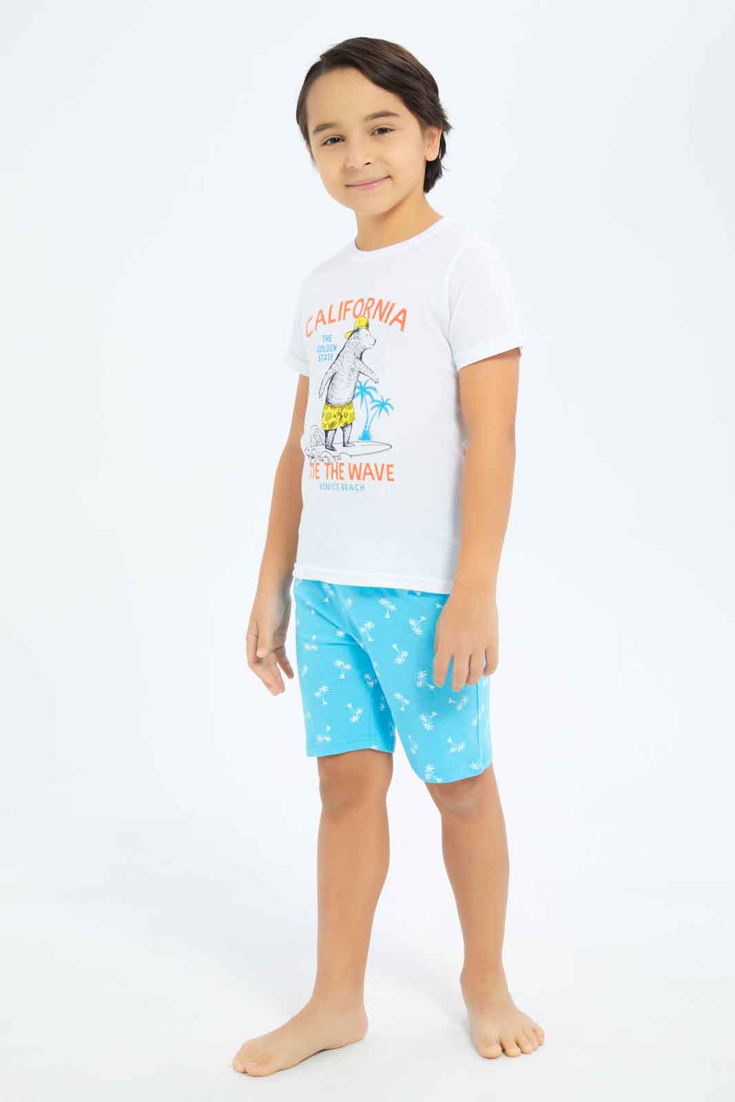 Redtag-Boys-White-Bear-Print-Short-Sleeve-Tee-And-Aop-Shorts-Pyjama-Set-BOY-Pyjama-Sets,-Category:Pyjama-Sets,-Colour:White,-Deals:New-In,-Dept:Boys,-Filter:Boys-(2-to-8-Yrs),-New-In-BOY-APL,-Non-Sale,-S23C,-Section:Boys-(0-to-14Yrs),-VLM-Boys-2 to 8 Years