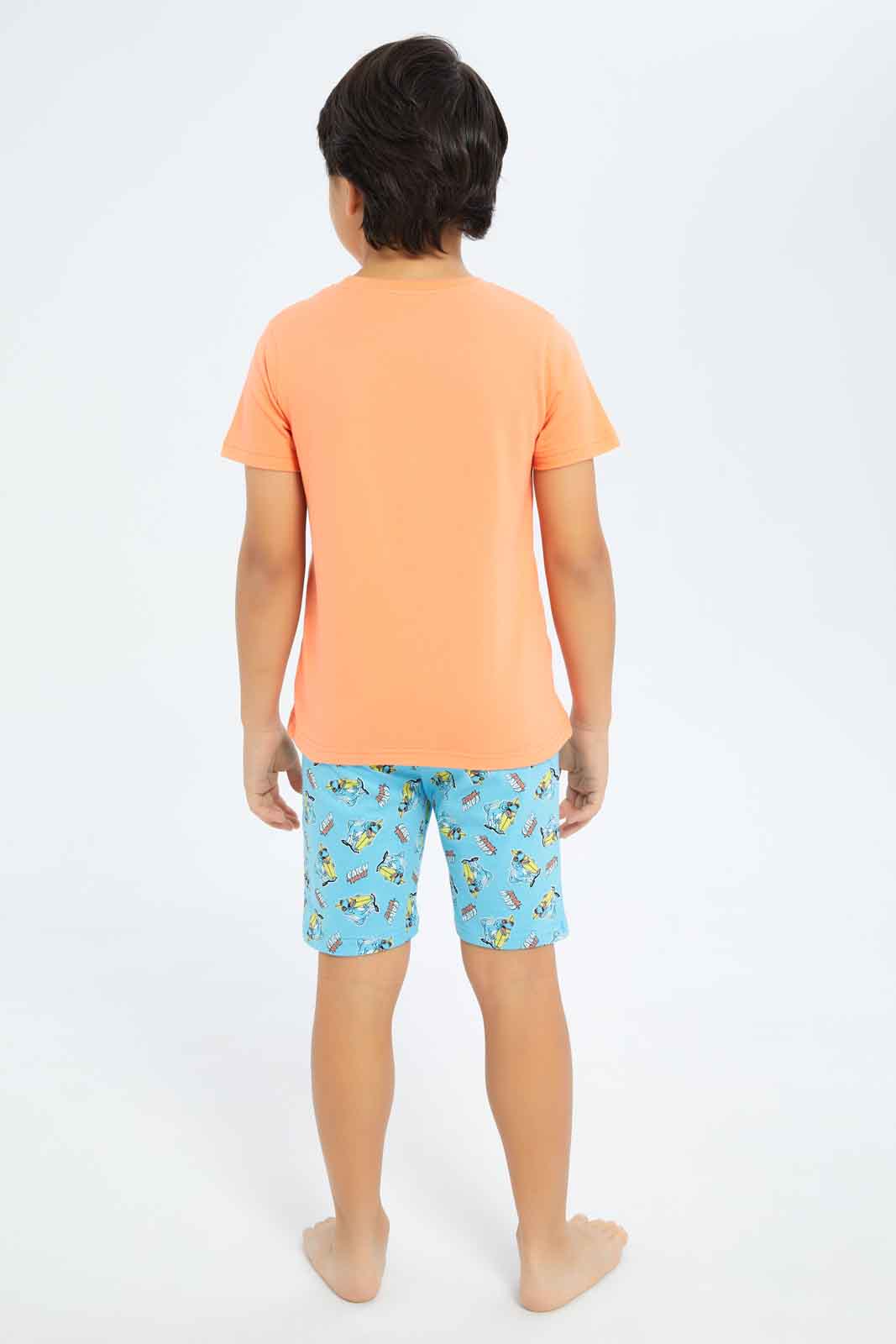 Redtag-Boys-Coral-Dino-Short-Sleeve-Tee-And-Shorts-Pyjama-Set-BOY-Pyjama-Sets,-Category:Pyjama-Sets,-Colour:Red,-Deals:New-In,-Dept:Boys,-Filter:Boys-(2-to-8-Yrs),-New-In-BOY-APL,-Non-Sale,-S23C,-Section:Boys-(0-to-14Yrs),-VLM-Boys-2 to 8 Years
