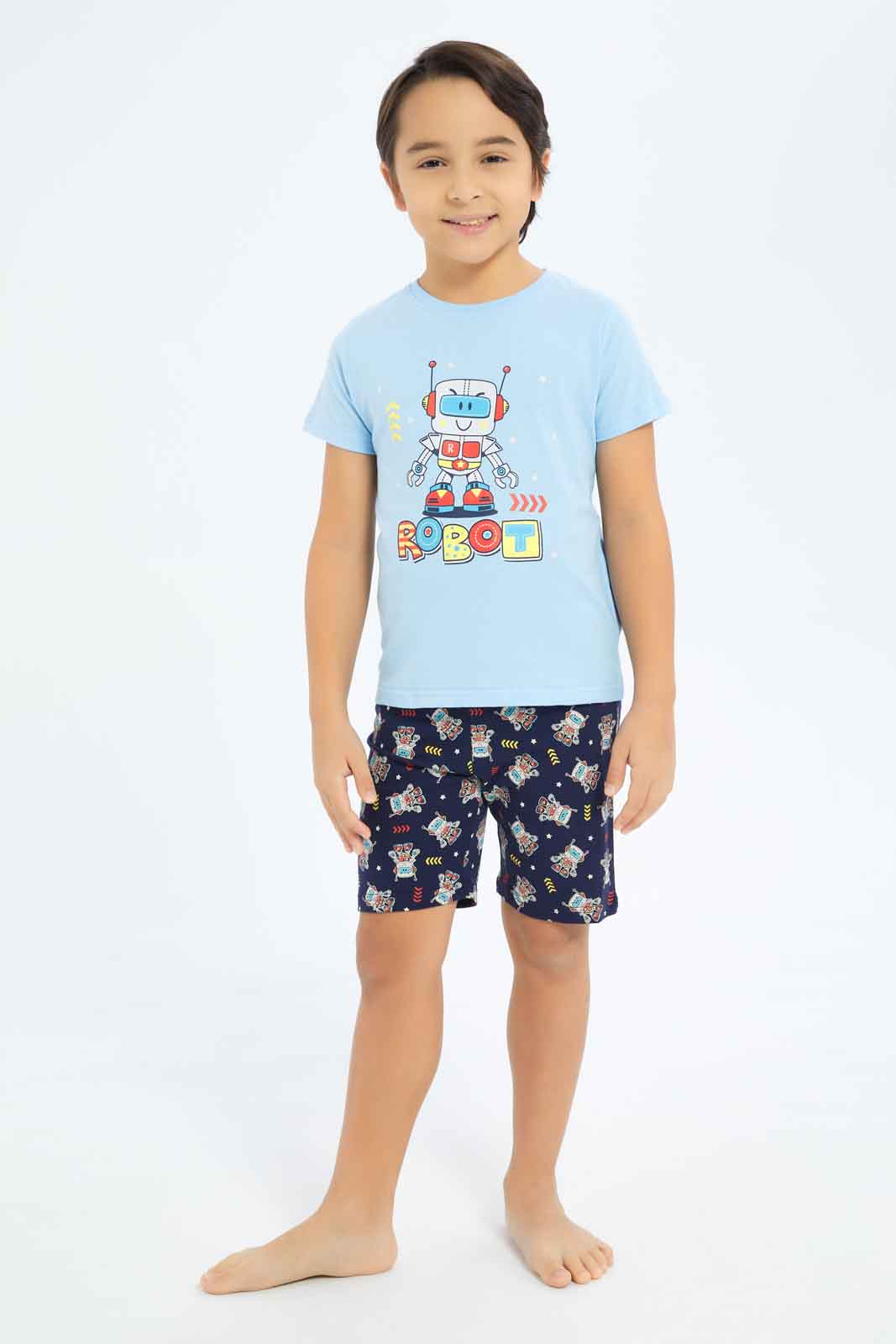 Redtag-Boys-Blue-Robot-Print-Short-Sleeve-Tee-And-Shorts-Pyjama-Set-BOY-Pyjama-Sets,-Category:Pyjama-Sets,-Colour:Blue,-Deals:New-In,-Dept:Boys,-Filter:Boys-(2-to-8-Yrs),-New-In-BOY-APL,-Non-Sale,-S23C,-Section:Boys-(0-to-14Yrs),-VLM-Boys-2 to 8 Years