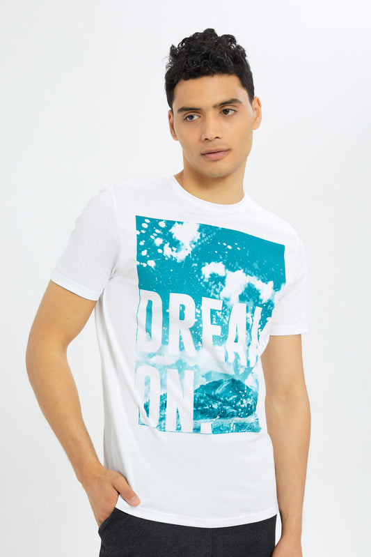 Redtag-Men-White-Graphic-T-Shirt-Category:T-Shirts,-Colour:White,-Deals:New-In,-Dept:Menswear,-Filter:Men's-Clothing,-H1:MWR,-H2:GEN,-H3:TSH,-H4:TSH,-Men-T-Shirts,-New-In-Men-APL,-Non-Sale,-S23C,-Season:S23C,-Section:Men,-TBL-Men's-