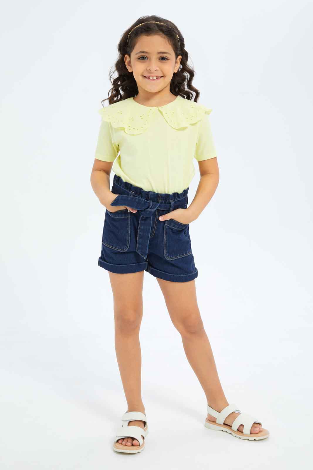 Redtag-Girls-Denim-Shorts-With-Belt---Dark-Wash-Category:Shorts,-Colour:Dark-Wash,-Deals:New-In,-Dept:Girls,-Filter:Girls-(2-to-8-Yrs),-GIR-Shorts,-New-In-GIR-APL,-Non-Sale,-S23B,-Section:Girls-(0-to-14Yrs)-Girls-2 to 8 Years