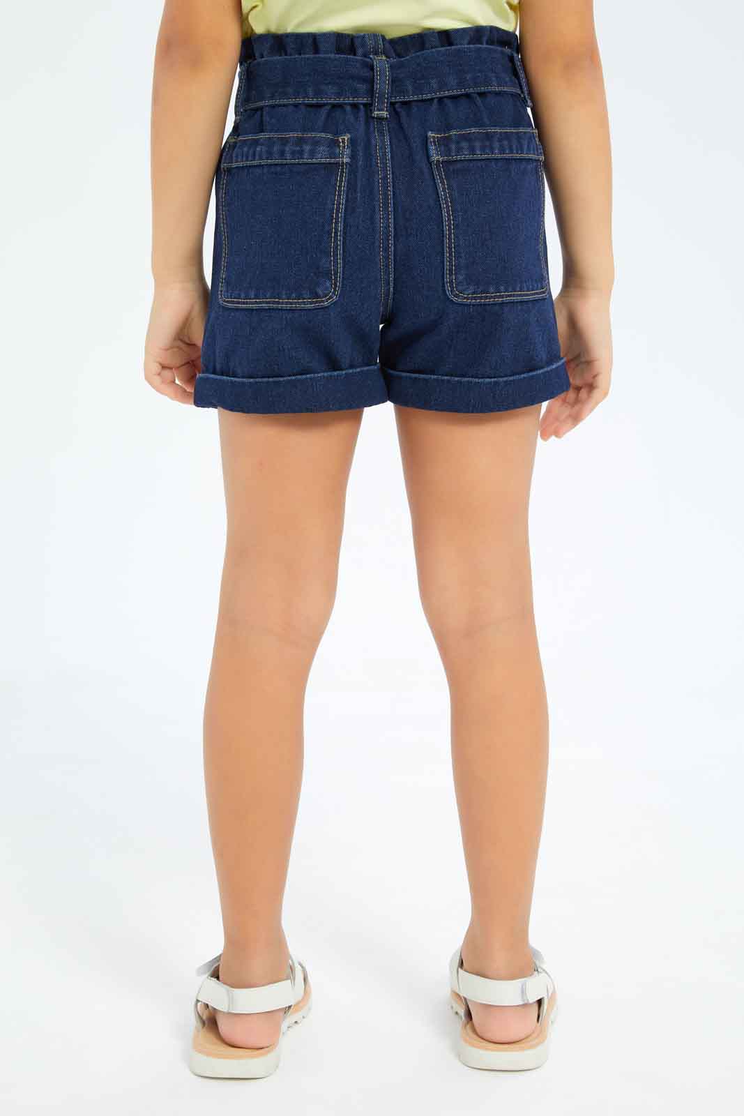 Redtag-Girls-Denim-Shorts-With-Belt---Dark-Wash-Category:Shorts,-Colour:Dark-Wash,-Deals:New-In,-Dept:Girls,-Filter:Girls-(2-to-8-Yrs),-GIR-Shorts,-New-In-GIR-APL,-Non-Sale,-S23B,-Section:Girls-(0-to-14Yrs)-Girls-2 to 8 Years