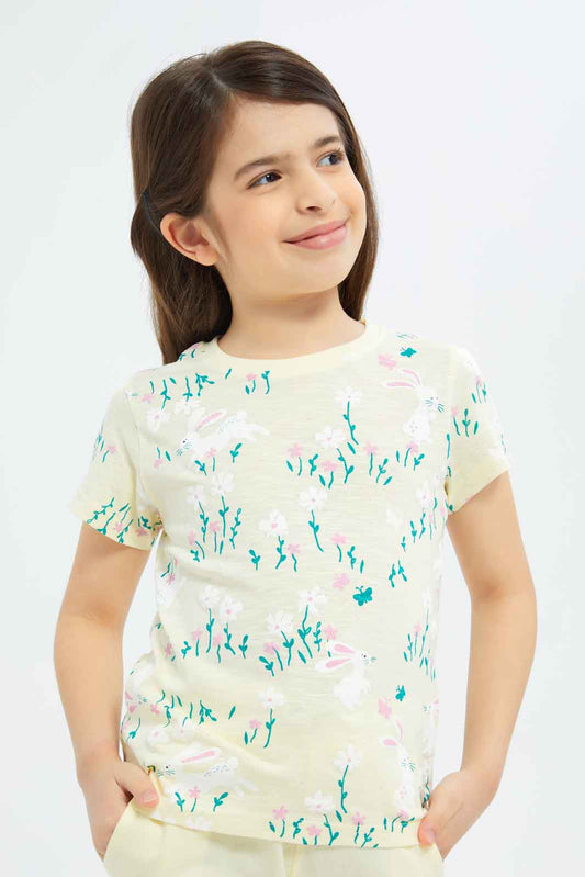 Redtag-Girls-Coral-All-Over-Print-Tee-Category:T-Shirts,-Colour:Apricot,-Deals:New-In,-Dept:Girls,-Filter:Girls-(2-to-8-Yrs),-GIR-T-Shirts,-New-In-GIR-APL,-Non-Sale,-S23B,-Section:Girls-(0-to-14Yrs),-TBL-Girls-2 to 8 Years