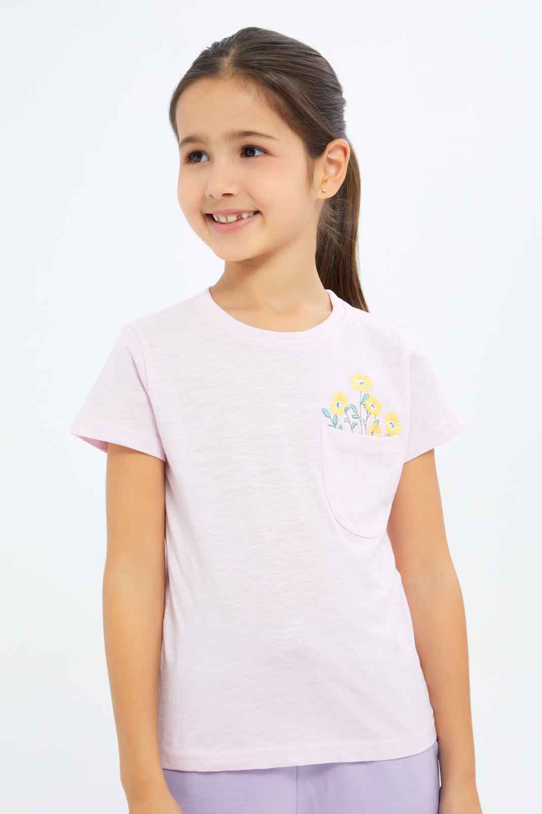 Redtag-Girls-Pink-With-Embro-Top-Category:T-Shirts,-Colour:Apricot,-Deals:New-In,-Dept:Girls,-Filter:Girls-(2-to-8-Yrs),-GIR-T-Shirts,-New-In-GIR-APL,-Non-Sale,-S23B,-Section:Girls-(0-to-14Yrs),-TBL-Girls-2 to 8 Years