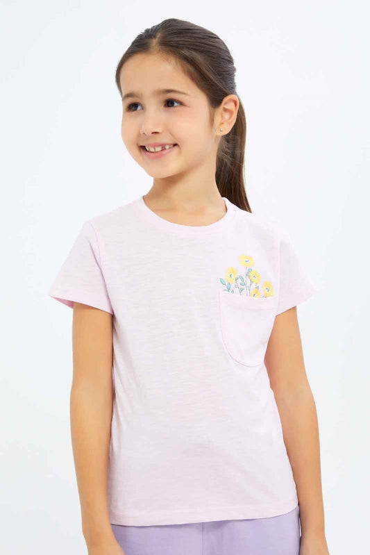 Redtag-Girls-Pink-With-Embro-Top-Category:T-Shirts,-Colour:Apricot,-Deals:New-In,-Dept:Girls,-Filter:Girls-(2-to-8-Yrs),-GIR-T-Shirts,-New-In-GIR-APL,-Non-Sale,-S23B,-Section:Girls-(0-to-14Yrs),-TBL-Girls-2 to 8 Years