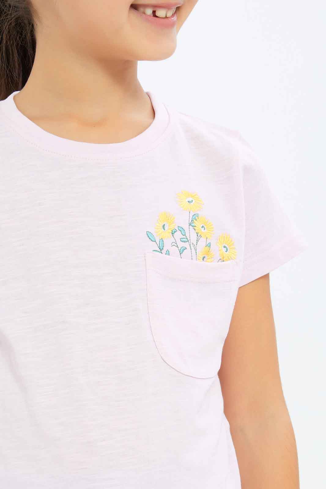 Redtag-Girls-Pink-With-Embro-Top-Category:T-Shirts,-Colour:Apricot,-Deals:New-In,-Dept:Girls,-Filter:Girls-(2-to-8-Yrs),-GIR-T-Shirts,-New-In-GIR-APL,-Non-Sale,-S23B,-Section:Girls-(0-to-14Yrs),-TBL-Girls-2 to 8 Years