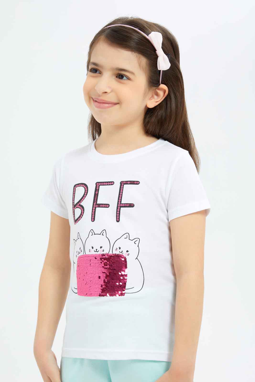 Redtag-Girls-White-Sequence-Tee-Category:T-Shirts,-Colour:White,-Deals:New-In,-Dept:Girls,-Filter:Girls-(2-to-8-Yrs),-GIR-T-Shirts,-New-In-GIR-APL,-Non-Sale,-S23B,-Section:Girls-(0-to-14Yrs),-TBL-Girls-2 to 8 Years