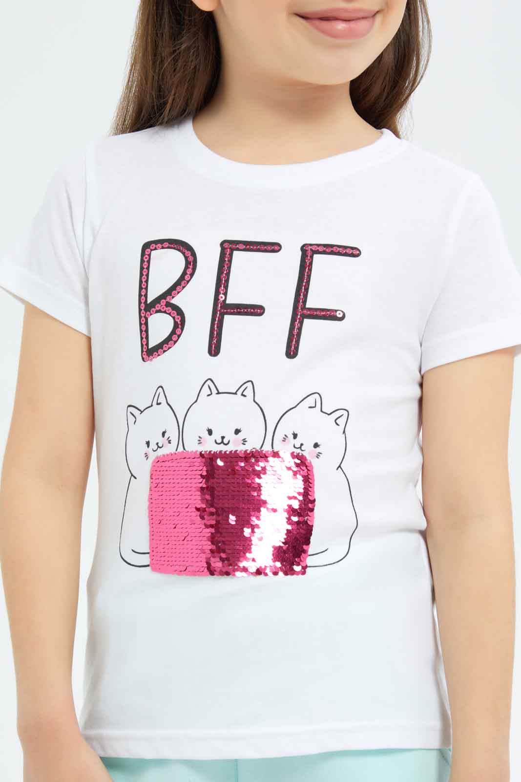Redtag-Girls-White-Sequence-Tee-Category:T-Shirts,-Colour:White,-Deals:New-In,-Dept:Girls,-Filter:Girls-(2-to-8-Yrs),-GIR-T-Shirts,-New-In-GIR-APL,-Non-Sale,-S23B,-Section:Girls-(0-to-14Yrs),-TBL-Girls-2 to 8 Years