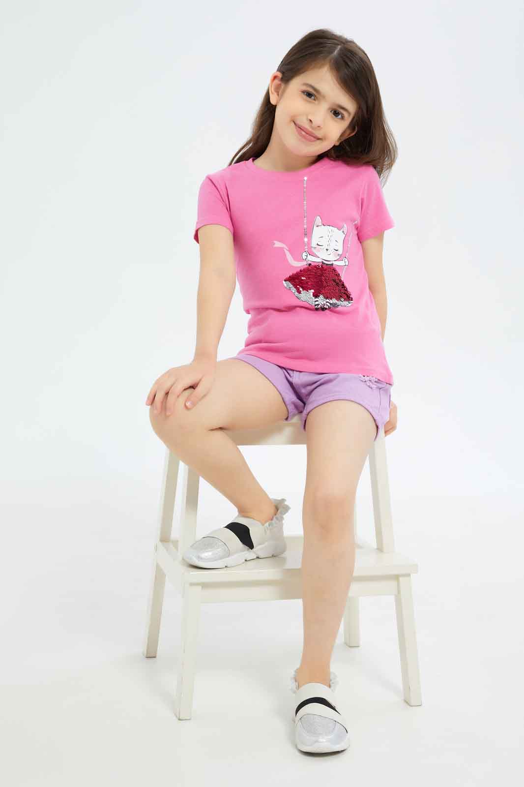 Redtag-Girls-Fuschia-Sequence-Tee-Category:T-Shirts,-Colour:Fuchsia,-Deals:New-In,-Dept:Girls,-Filter:Girls-(2-to-8-Yrs),-GIR-T-Shirts,-New-In-GIR-APL,-Non-Sale,-S23B,-Section:Girls-(0-to-14Yrs),-TBL-Girls-2 to 8 Years